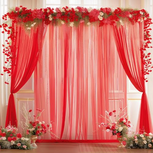 Image of 2pcs Backdrop Decoration Net Tulle Large Size, Nylon Made, Reusable, Soft, Wrinkled Free, 8 x 5 ft Each, Cabana Tent Party Decoration Items for Birthday, Anniversary (RED)