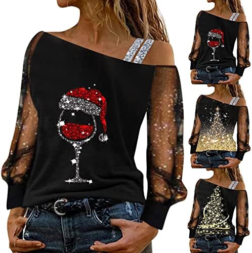 Christmas Shirt Women's Long Sleeve Off-Shoulder Large Sizes Christmas Sweatshirt Women's Casual Xmas Holiday Tops