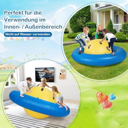 FANTASK Aufblasbare Kuppelwippe für Kinder, 223 cm große Kinderwippe zum Rollen, Neigen, Klettern & Hüpfen mit 6 integrierten Griffen (Gelb + Blau)