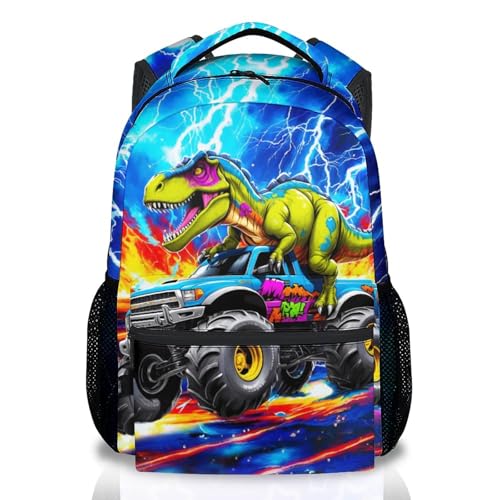 CuziBloom Kids Dinosaur Backpack for Boys Truck Bookbag with Lightning - 17 Inch Toddler School Bag with Padded Straps for Preschool Kindergarten Elementary