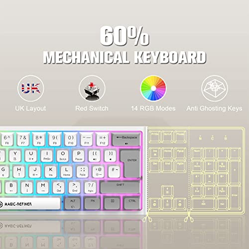 Image of FELICON 60% Portable Mechanical Gaming Keyboard, 14 Chroma RGB Backlight, Dye-Sublimation Keycap, Type C Wired, Full Anti-ghosting, for PC /Windows /Mac /PS4 /XBox (White Grey /Red Switch)