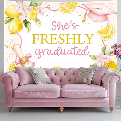 Bcuuipo Graduation Backdrop Pink Flowers Bow Lemon Stripes She's Freshly Graduated Photography Background Congrats Grad Class of 2026 Party Decoration Supplies Banner Photo Booth Studio Props 7x5ft by Bcuuipo - Used condition - Image 5