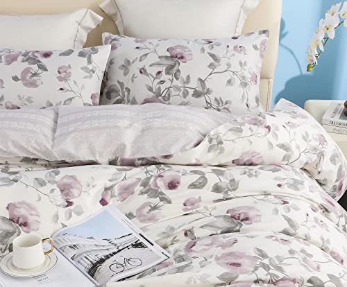 Sleepbella Duvet Cover King Size, 600 Thread Count Cotton Blush & Grey Flowers Printed On Off-White Luxury Floral Comforter Cover Sets, Bedding Set 3Pcs (Queen, White Floral) #TOP2