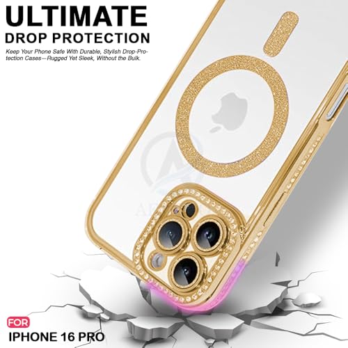 Image of AESTMO Back Cover for iPhone 16 Pro Compatible with MagSafe | Diamond Glitter Case | Luxury Bling Rhinestone Soft Clear TPU Bumper | Camera Lens Protection Cover for iPhone 16 Pro (Gold)