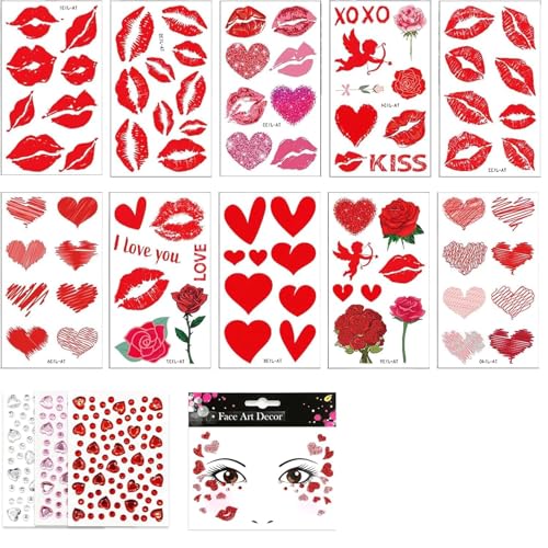 Tatuaggi temporanei cuore, adesivi brillanti, tatuaggi di baci e strass per viso, braccia e corpo, 10 design, colori rosso, bianco, rosa