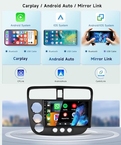 Image of [8 CORE 6G+128G] Car Radio Stereo for Honda Civic 2001-2005 with Wireless CarPlay Android Auto, 9 Inch Android 13 Touch Screen Head Unit, GPS Navi WiFi Bluetooth Mirror Link SWC HD Backup Camera