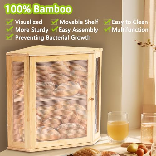 LByng Extra Large Bread Box, Corner Bread Box for Kitchen Countertop, Double Layer Bamboo Bread Keeper, Large Capacity Bread Storage Bin Organizer for Kitchen Counter Storage(Toast Tongs) - Image 5