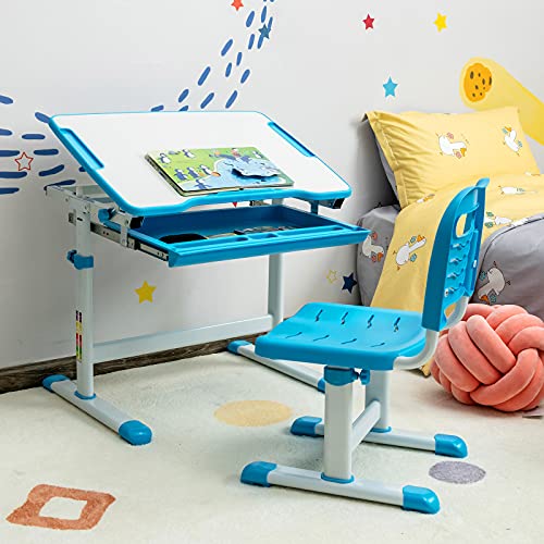 GOPLUS Escritorio infantil de altura ajustable con silla, altura ajustable e inclinable, diseño ergonómico con cajón, a partir de 4 años (azul) - imagen 2