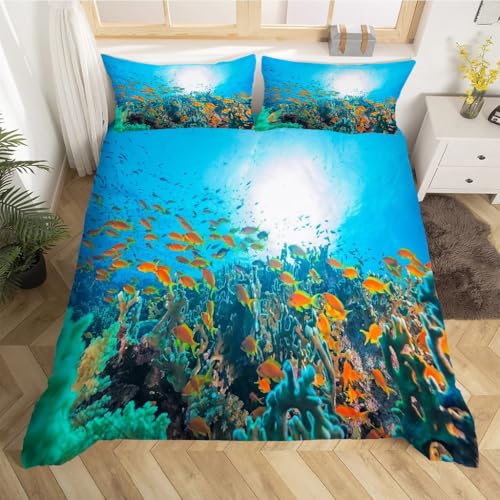Housse couette poisson rouge microfibre 200x200 parure lit corail
