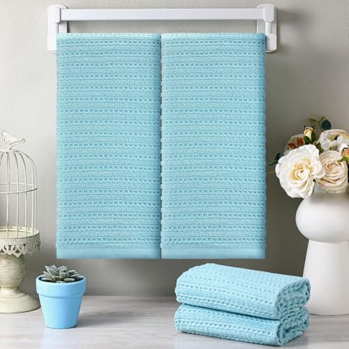 Mindsoft 4 Pack Turquoise Hand Towels Waffle 100% Cotton 13x29 Inch