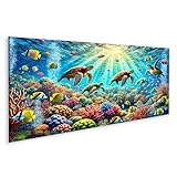 120 x 40 cm – Panorama islandburner Prime Quadro su tela, scena subacquea con tartarughe e coralli colorati per acquario, immagini da parete