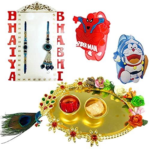 Image of Pair Rakhi Assorted Design Roli Chawal Plate And 2 Kids Cartoon Character LED Rakhi For Brother And Bhabhi | Rakhi Combo-P-37-T-2LED || bhaiya bhabhi rakhi || rakhi gifts