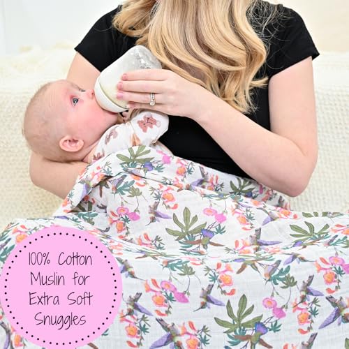 Image of LollyBanks Baby Swaddle Blanket, 100% Cotton Muslin Blankets for Girls, 47 x 47 Inches Soft and Breathable Swaddles for Newborn, Gentle Baby Wrap Swaddle, Registry (Hummingbird Print)