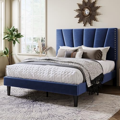 Image of Allewie Queen Size Velvet Platform Bed Frame with Adjustable Headboard Blue