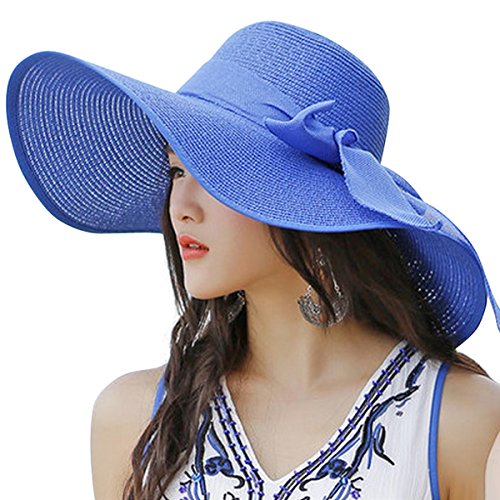 Lanzom Womens 5.5 Inches Big Bowknot Straw Hat Large Floppy Foldable Roll Up Beach Cap Sun Hat Upf 50+ Fit Size 6 8/7-7 1/4(Royal Blue) #TOP28