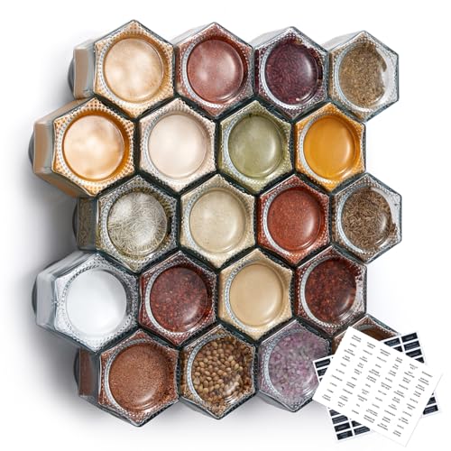 Homazing Set of 20 Large 4oz Magnetic Spice Jars for Refrigerator, Hexagon Glass Magnetic Spice Jars with Shaker Lids and Labels for Kitchen RV Travel Trailer, Magnetic Spice Containers for Fridge