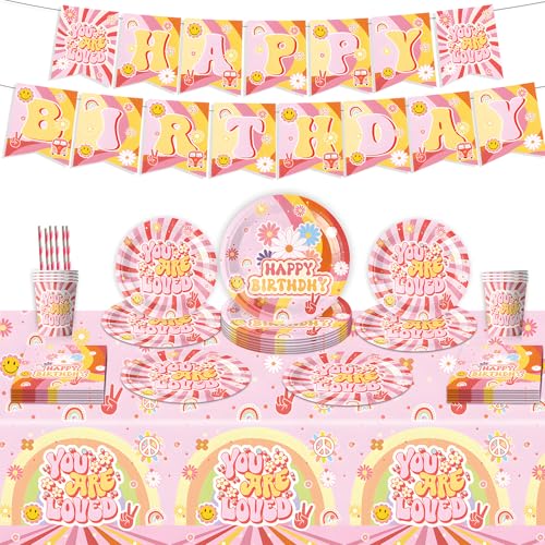Aitsite Hippie Boho Rainbow Partygeschirr Set, Retro Hippie Boho Party Pappteller für 12 Gäste, Papier Geschirr Set mit Papierteller Becher Servietten Strohhalme Kucheneinlagen Tischtuch und Flagge
