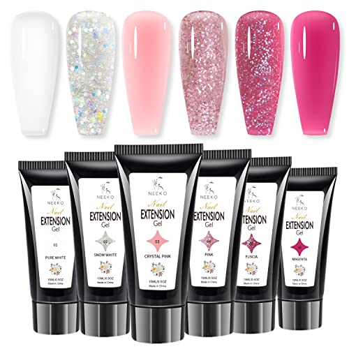 Neeko Nagelverlängerung Set, 6 Farben Poly Nägel Gel Glitzer Weiß Rosa Gelnagel Starter Kit Soak Off UV LED Poly Extension Gel DIY Maniküre Kit für Salon Hause DIY Nageldesign Gelnägel Cover