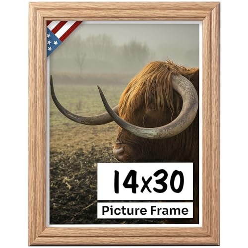 Oak 14x30 Picture Frame .75" Inch Wide - Faux Oak Decor Handmade Solid Wood Frames with Preinstalled Hangers and UV Blocking Plexiglass 30x14 Frame