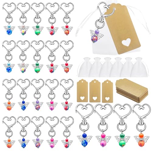 Tyanlenr 25 Pièces Porte Clé Ange Gardien, Pendentif Ange Gardien avec Papier Kraft Étiquettes et Sacs en Organza, Porte Cles Ange pour Communion, Baptême, Noël, Mariage