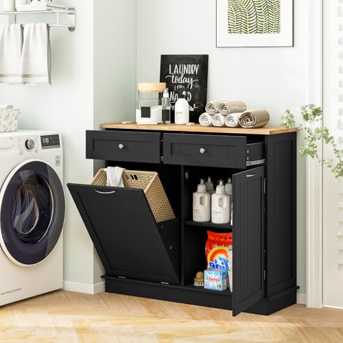 LOKO Kitchen Tilt Out Trash Cabinet, Pet Proof Trash Can Cabinet with 2 Drawers & Adjustable Shelf & Rubber Wood Tabletop, 39.5 x 14 x 35.5 inches (Black)
