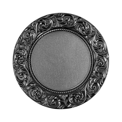 JLYNOWPT 100 Pcs Black Round Charger Plates Bulk, 13 Inch Reusable Antique Charger Plates Set Plastic Embossed Dinner Plate for Table Setting Wedding Party Event Tabletop Setting Decor (Black)