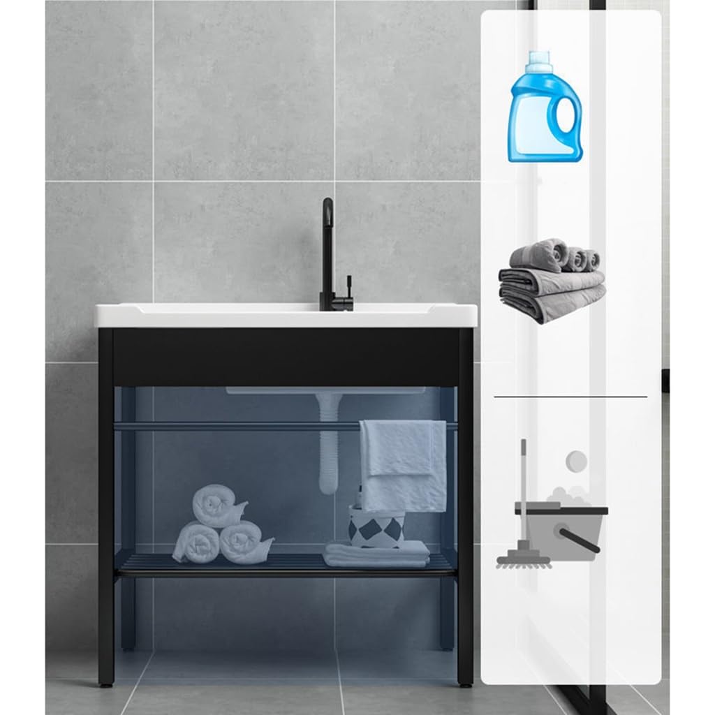 Fregadero Independiente for Lavandería, Lavabo de Cerámica con Tabla de Lavar Patas de Metal de Acero Inoxidable Soporte y Kit de Drenaje, for Lavadero, Lavadero, Garaje, Sótano ( Size : 60X48CM )