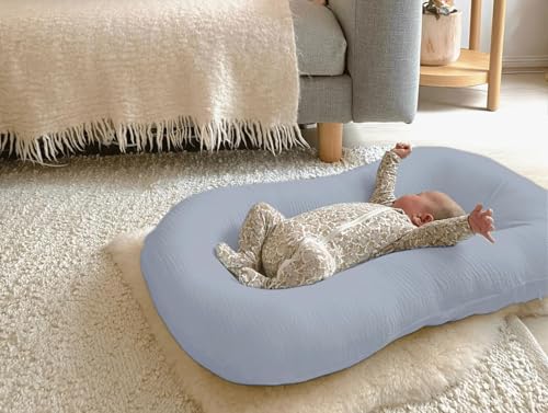 Image of guruixu Muslin Baby Lounger Cover 2 Pack, 100% Cotton Infant Lounger Cover, Soft & Breathable Replacement Slipcover, Compatible with Snuggle Me Newborn Lounger (Tradewinds,Cream)