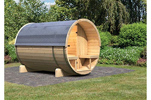 Preisvergleich Produktbild Karibu Fass - Sauna 2 42 mm ohne Ofen - Sparset - inkl. Dachschindeln