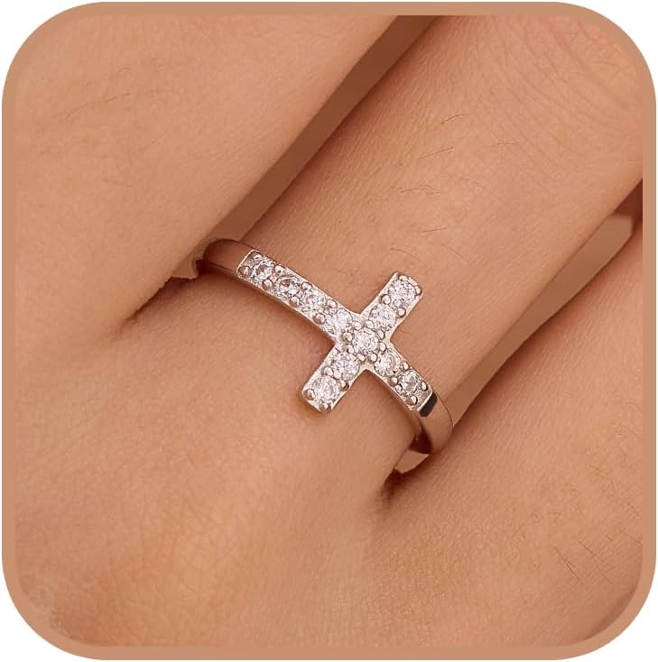Cubic Zirconia Cross Rings for Women 925 Sterling Silver Purity Ring Faith Jesus Christian Ring Eternity Band Promise Ring for Her Religious Confirmation Baptism Gifts