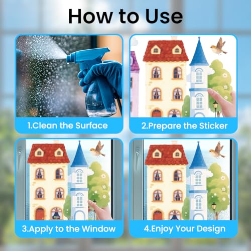 ANATTASOUL Fensterbilder Doppelseitig Haus Und Weiße Wolken Fensterdeko Wiederverwendbar Fenstersticker Blickdichter Fenster Aufkleber Deko Frühling Sommer für Wohnzimmer Badezimmer