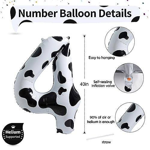 Image of 40 Inch Cow Print 4 Balloons Number for Kids, Big Self Inflating Foil Number Balloons for Girls Boys 4th Birthday Party Farm Animal Theme Baby Shower Cowboy Cowgirl Theme Party Decorations Supplies