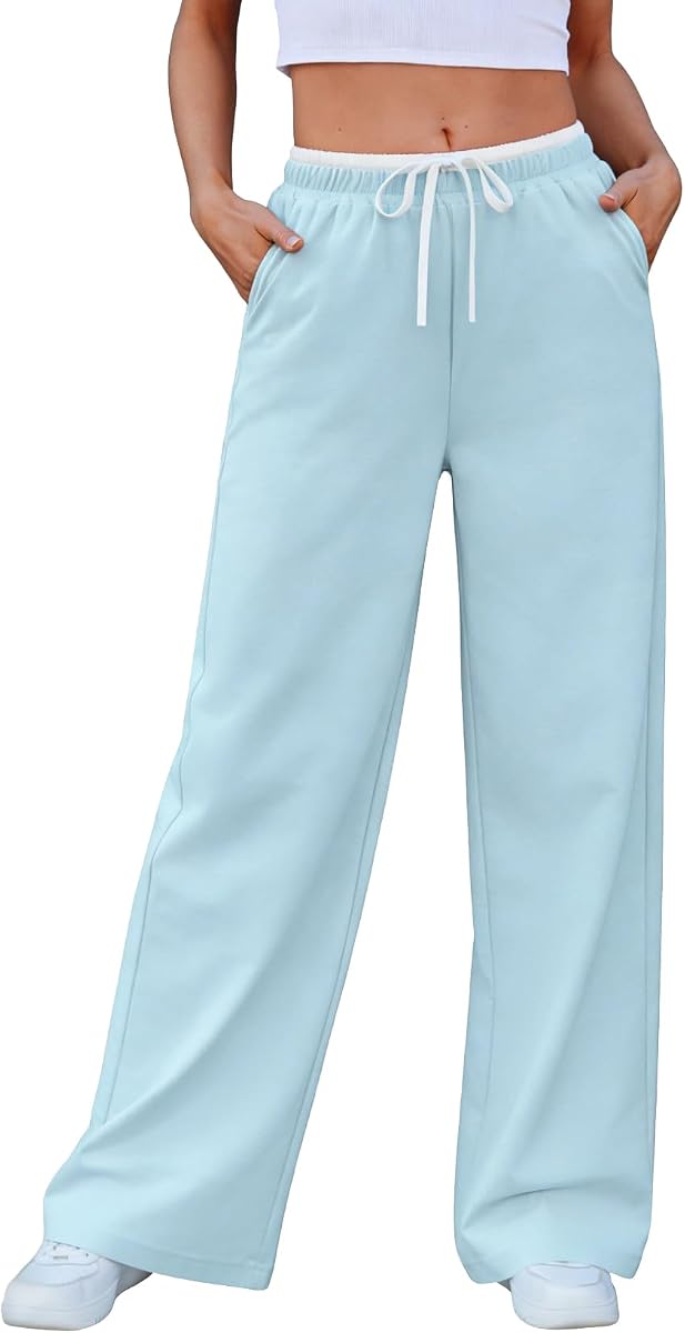 Women's Wide-Leg Straight Track Pants Lightweight Loose Color Block Waist Stretch Casual Trousers