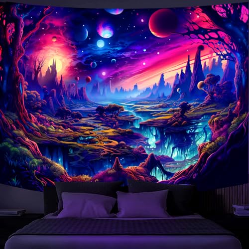 Simpkeely Fantasy Planet Tapestry, Blacklight Forest Natural Landscape Retro Aesthetic Wall Hanging, UV Reactive Sunset Trees Tapestries for Bedroom, Living Room - 110 x 150 cm