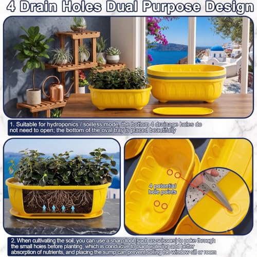 Image of Plastic Rectangle Round Corner Flower Pots with Drainage Hole Saucers Durable Outdoor Indoor Planters with Tray Plant Containers for Balcony, Garden, Home & Office (Yellow, 5)