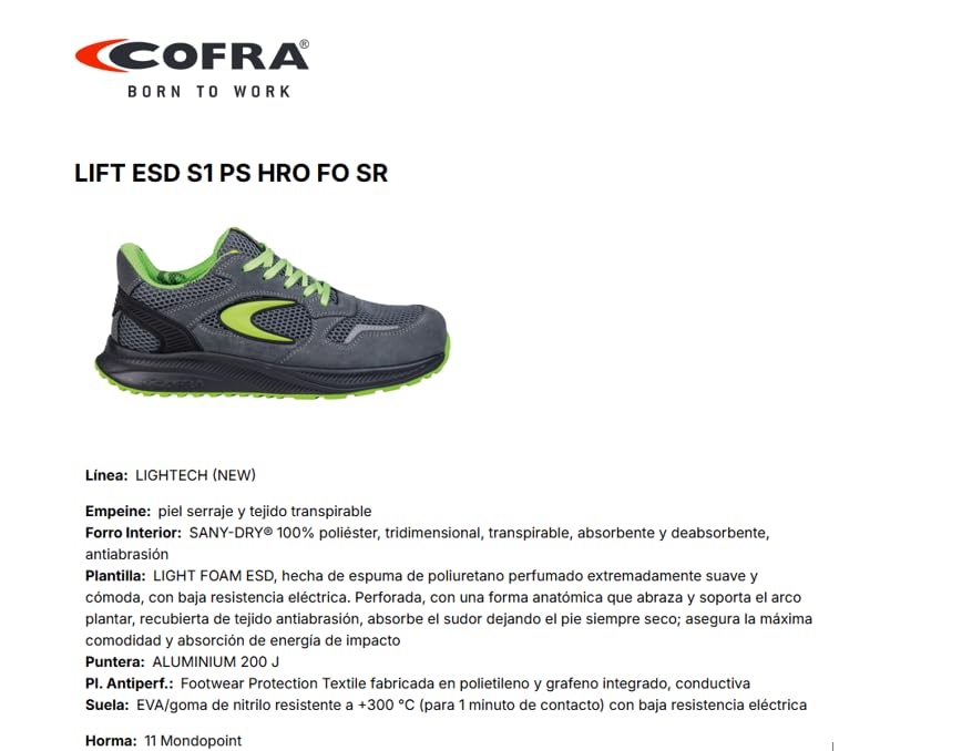 COFRA Lift ESD S1 PS HRO FO SR, Calzado de Seguridad Ultraligero, Puntera de Aluminio, Plantilla Light Foam, Antiperforación