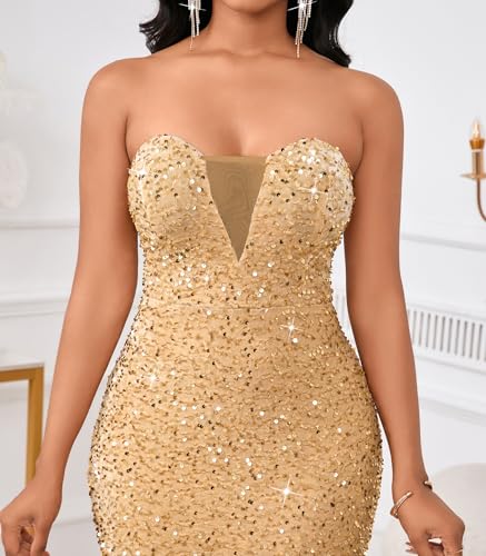 Image of dasmzper Women's Sexy Sequin Off The Shoulder V Neck Mesh See Through Dress Feather Hem Bodycon Evening Maxi Dress