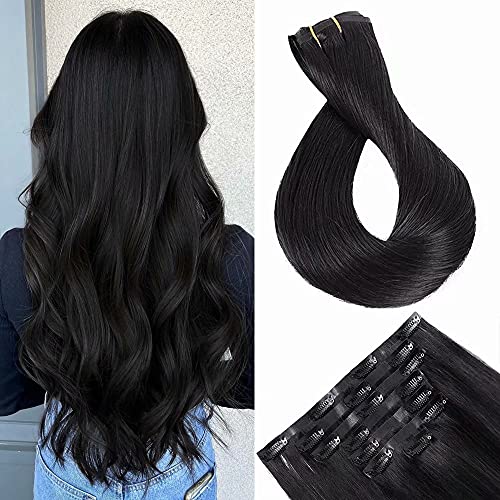 Maxfull Seamless Clip In Remy Hair Extensions Black, Ultra-Invisible Real Hair Extensions Clip on Human Hair, 7pcs, 18inch, 110g