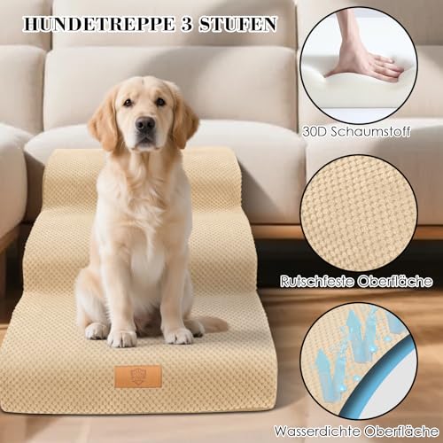 Thihome Hundetreppe 3 Stufen, Rutschfestem Hunderampe, Tragbar Haustiertreppe mit Abnehmbarem & Waschbarem Bezug, Hochdichtem Schwamm Hunde Treppe Katzentreppe für Bett und Sofa, 60x40x40cm