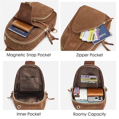 Image of Kattee Sling Bag for Women, Genuine Suede Leather Fanny Packs Crossbody Purse, Small Chest Bag with RFID Blocking, Coffee