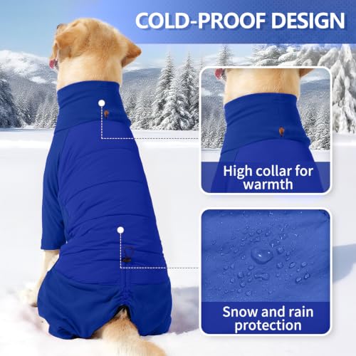 Image of BRKURLEG Full Body Dog Winter Coat Warm Fleece Pullover Pajamas, Four Legs Covered Windproof Dog Jacket for Small to Large Dogs, Turtleneck Dogs Snowsuit, Pet Cold Weather Clothes, Blue XXL