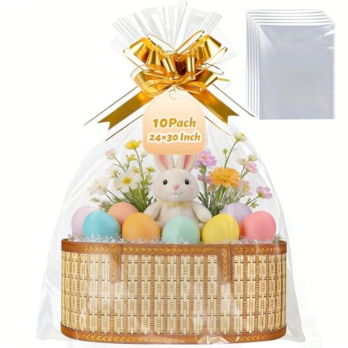 Soarvita 24 x 30 Inch Large Cellophane Basket Bags: 10 Pcs Clear Gift Bags for Small & Medium Easter Gift Baskets Clear Cellophane Wrap for Easter Gift Baskets Bridal or Baby Showers - 2.8 Mil Thick