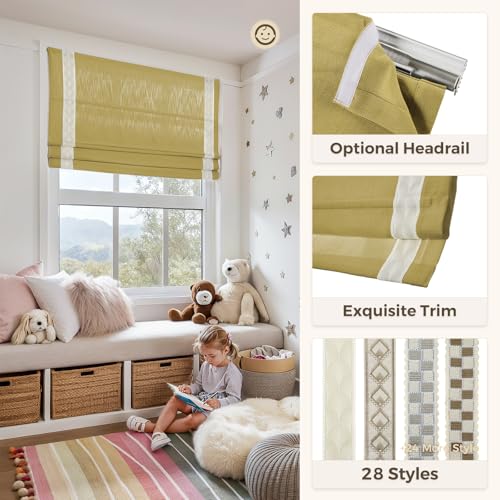 Image of TWOPAGES Isabella No Drill Cordless Roman Shade Linen Textured Cotton Roman Blind for Windows, Custom Made Room Darkening Blackout Roman Window Shade, Hardware Included, Yellow, 1 Piece