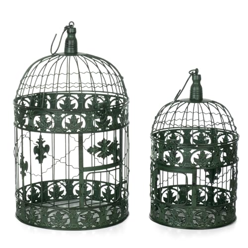 Lot de 2 cages à oiseaux en métal vert vieilli vintage shabby chic - Décoration à suspendre Ø 25 cm et Ø 19 cm - Avec ornements - Style maison de...