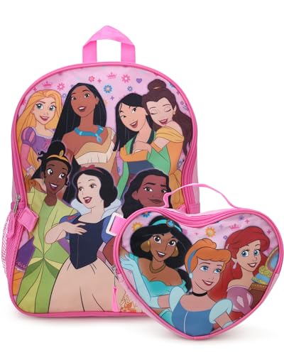 Fast Forward Conjunto de mochila e lancheira Disney Princesas para meninas – 2 peças, mochila escolar de 38 cm com conjunto de lancheira removível, tamanho único, almoço com coração de princesa da