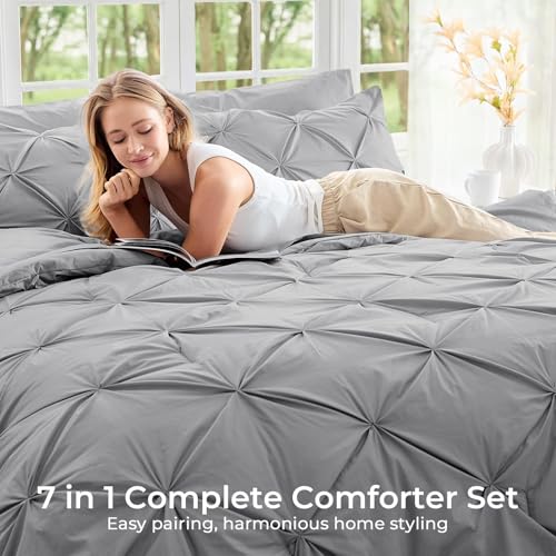 Image of Sasttie King Size Comforter Set, 7-Piece Bed in a Bag, Pintuck Bedding Sets for All Season, Includes Comforter, Flat Sheet, Fitted Sheet, Pillowcases and Pillowshams, Light Grey