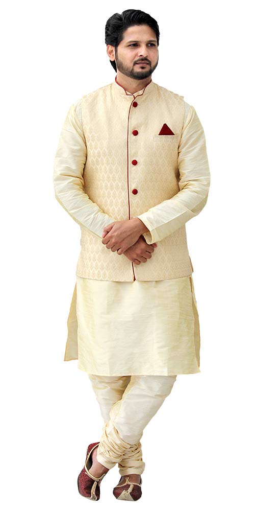 om shubh mangalam Men's Silk Golden Kurta Pyjama Jacket-picture-14