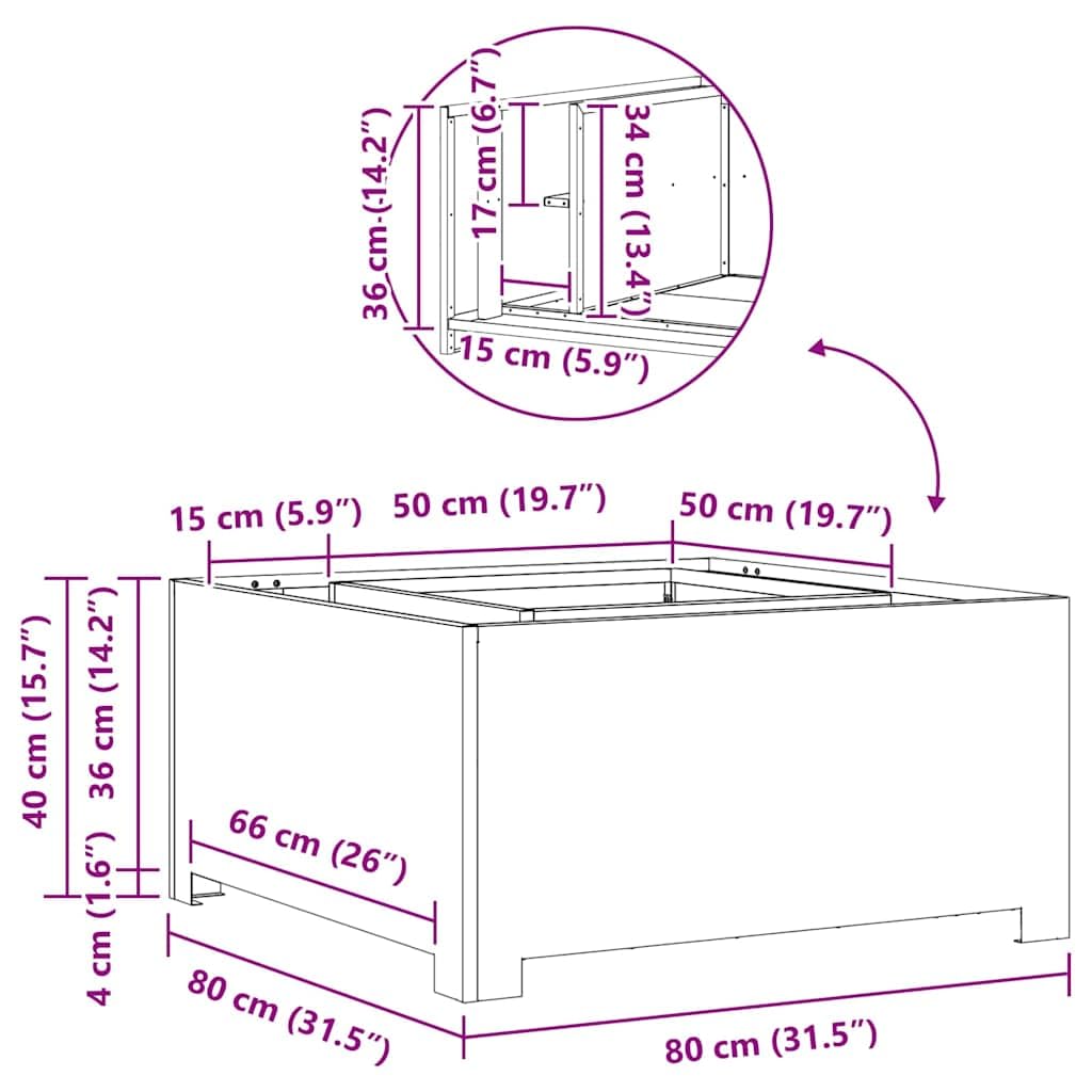 vidaXL Focolare Marrone 80 x 80 x 40 cm, Focolare Industriale da Esterno, Quadrato e Portatile, Resistente alla ruggine, Ideale per Giardini e Terrazzi