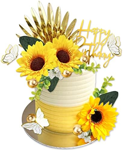 UFROMSKY 34pcs Sunflower Boho Cake Toppers Butterfly Cake decorations Happy Birthday Cake Toppers with Gold Palm Leaves Balls and Artificial Plants for Sunflower Theme Birthday Wedding Party Supplies
