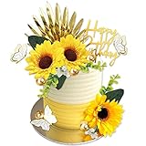 UFROMSKY 34pcs Sunflower Boho Cake Toppers Butterfly Cake decorations Happy Birthday Cake Toppers with Gold Palm Leaves Balls and Artificial Plants for Sunflower Theme Birthday Wedding Party Supplies